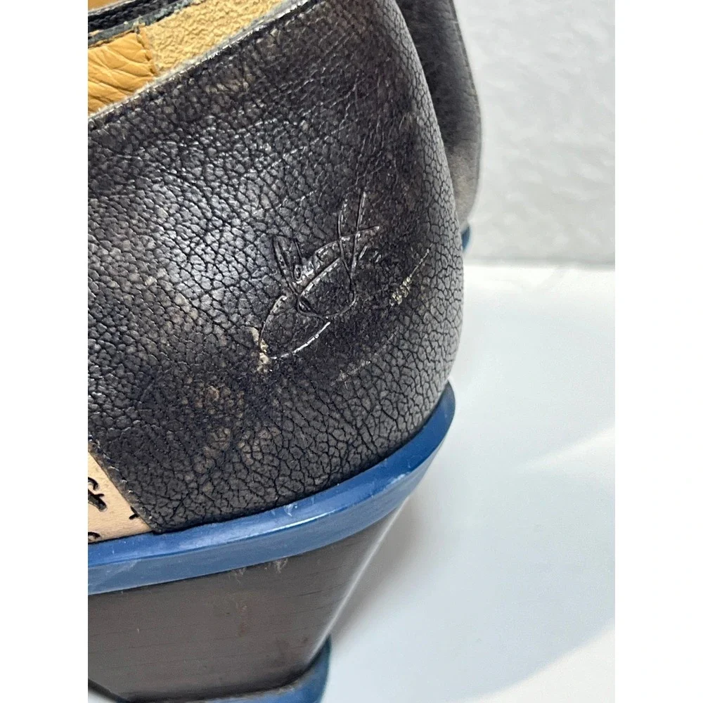 John Fluevog Leather Lace Up Oxford Heels Brown Tan Blue Size 8.5 Portugal